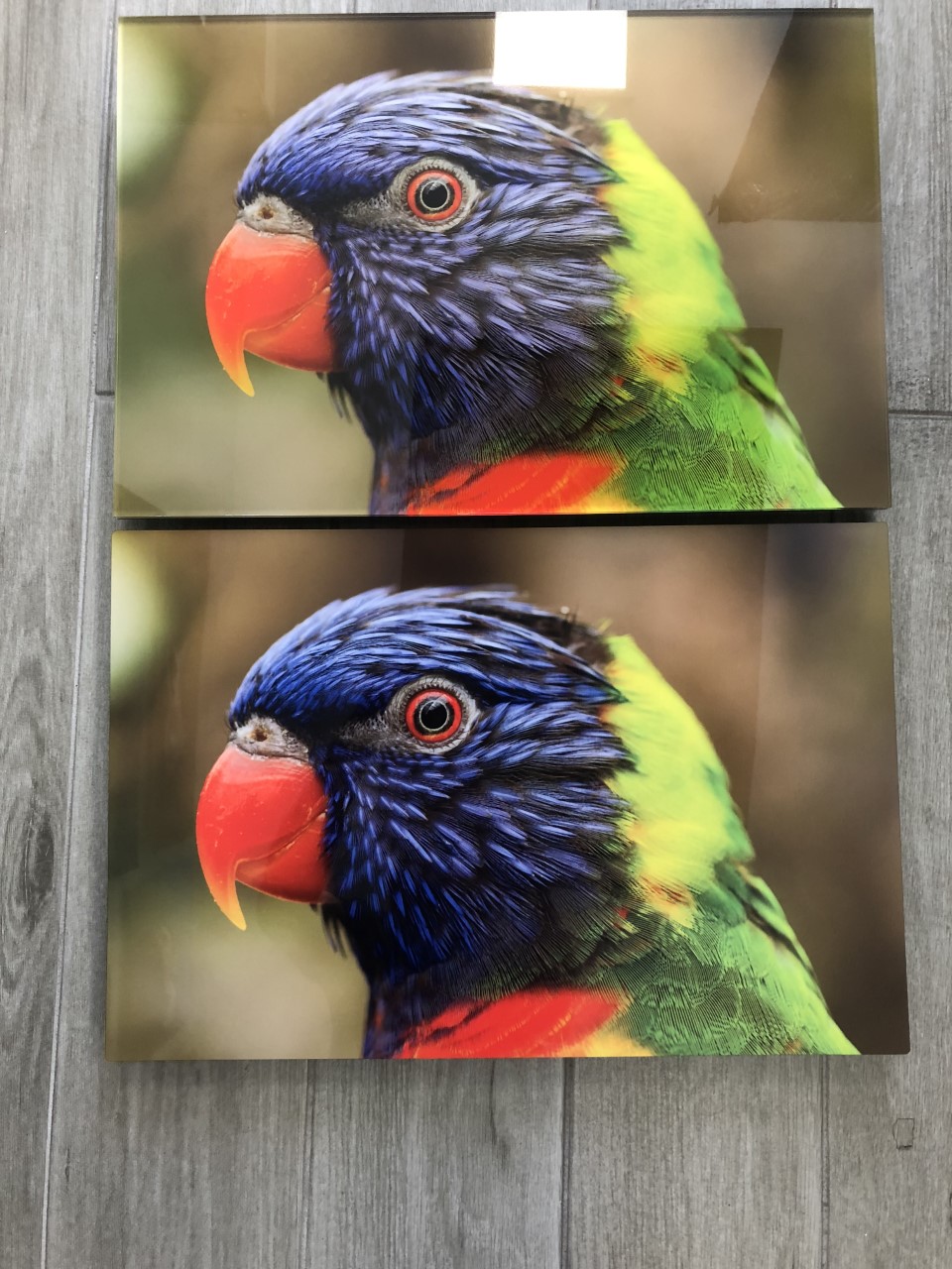 The metal print featured on top has a glossier finish than the acrylic print featured bellow.